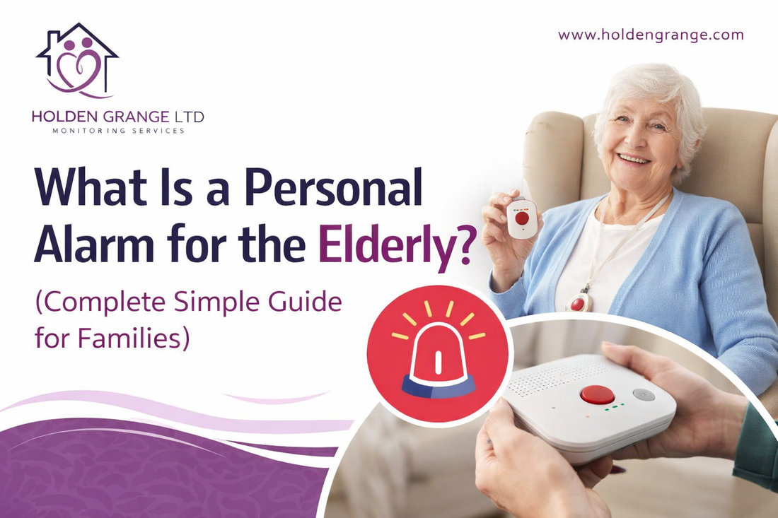 Smiling older woman in an armchair holding a white pendant alarm, with hands holding a telecare base unit