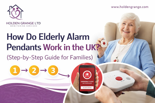 Older woman in an armchair holding a pendant alarm, with a phone showing an emergency alert