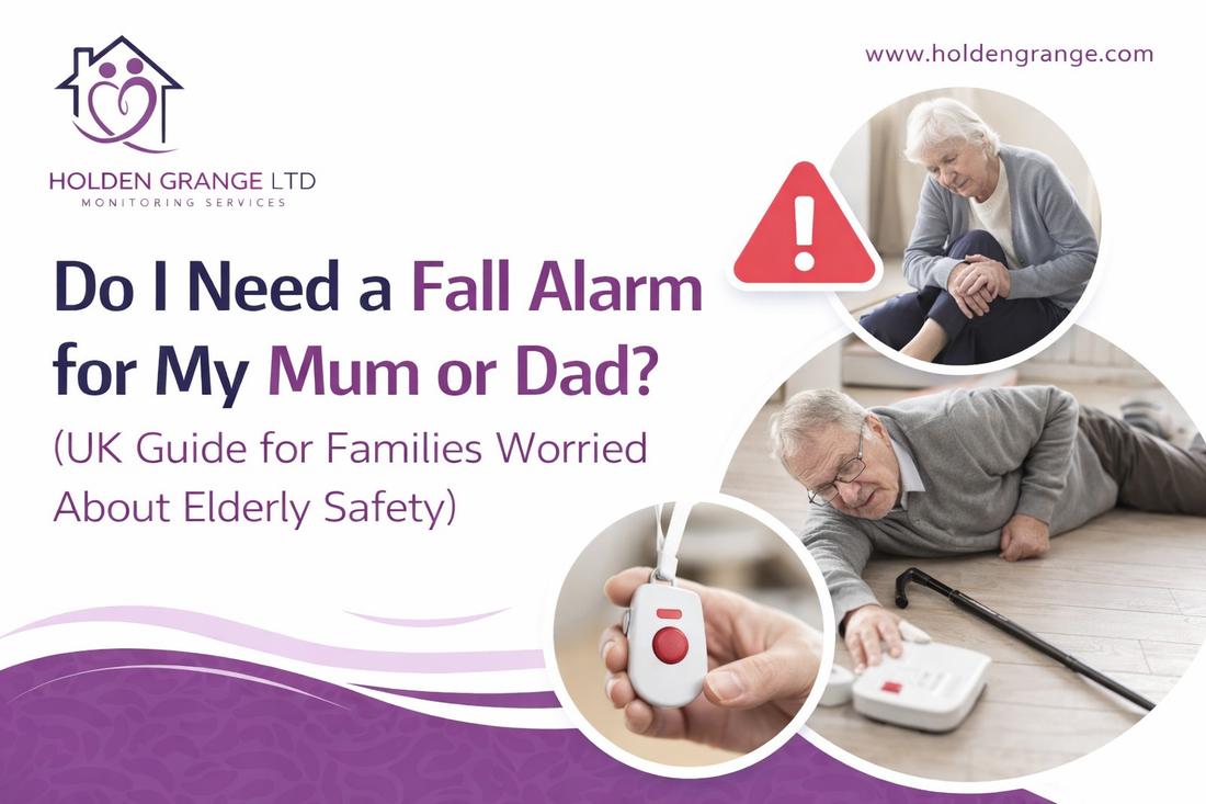 Older woman holding her knee on the floor and an older man reaching for a telecare base unit