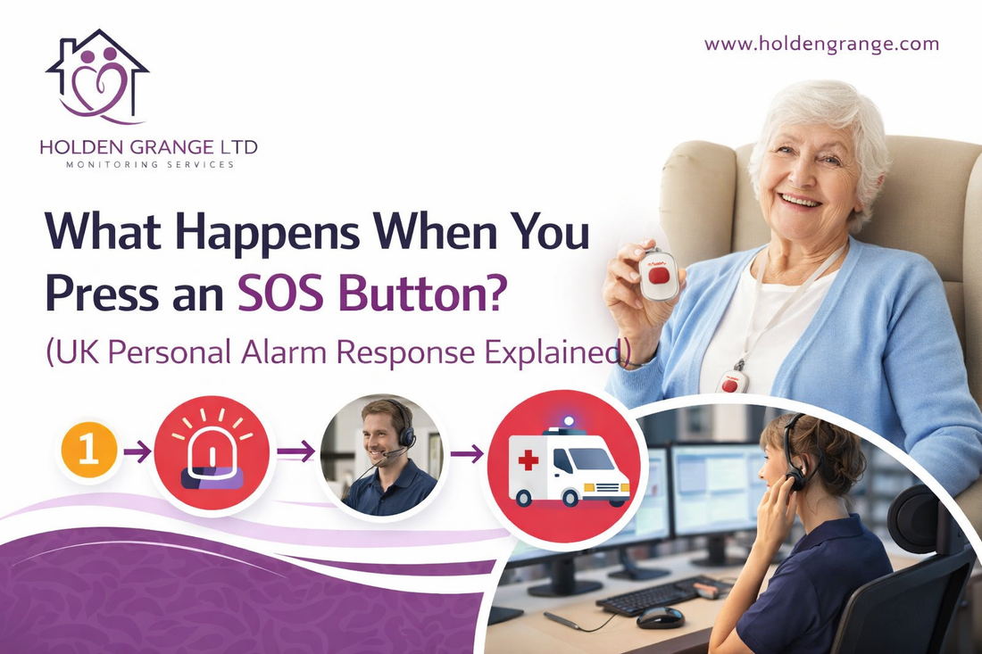 Monitoring centre operator in a headset at her screens, with an older woman holding a pendant alarm