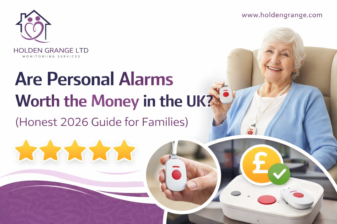 Older woman in a blue cardigan holding a pendant alarm beside five gold stars and a pound sign icon