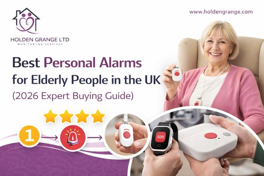 Older woman in an armchair holding a pendant alarm, with an SOS smartwatch and telecare base unit alongside