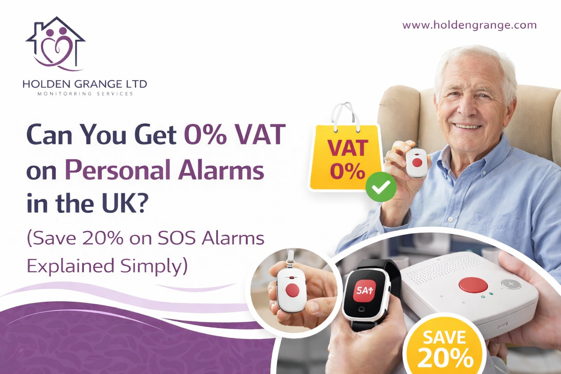 Older man in an armchair holding a pendant alarm beside a yellow VAT 0% shopping bag