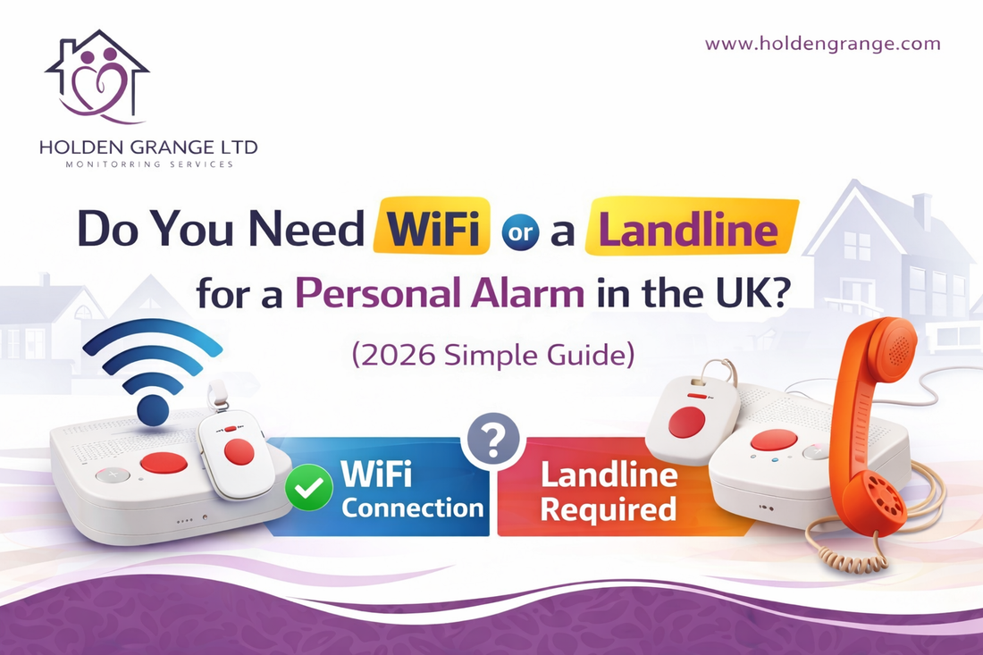 Telecare base unit and pendant beneath a WiFi symbol, next to a second unit with an orange telephone handset