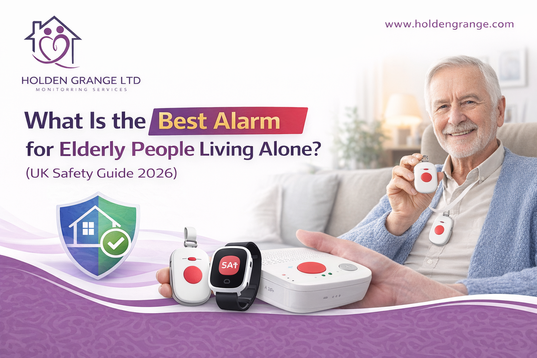 Smiling older man on a sofa holding up a pendant alarm, with watch and base unit shown