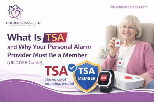 Older woman in a pink cardigan holding a pendant alarm beside a blue TSA Member shield badge