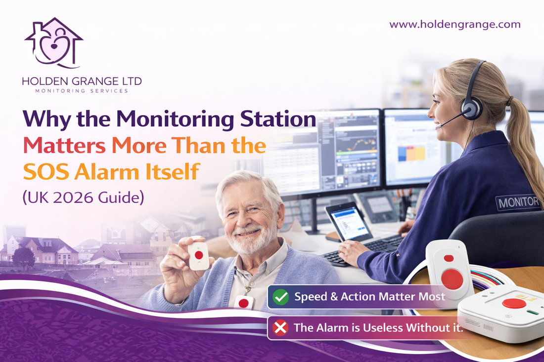 Monitoring centre operator in a headset at her screens, with an older man holding a pendant alarm