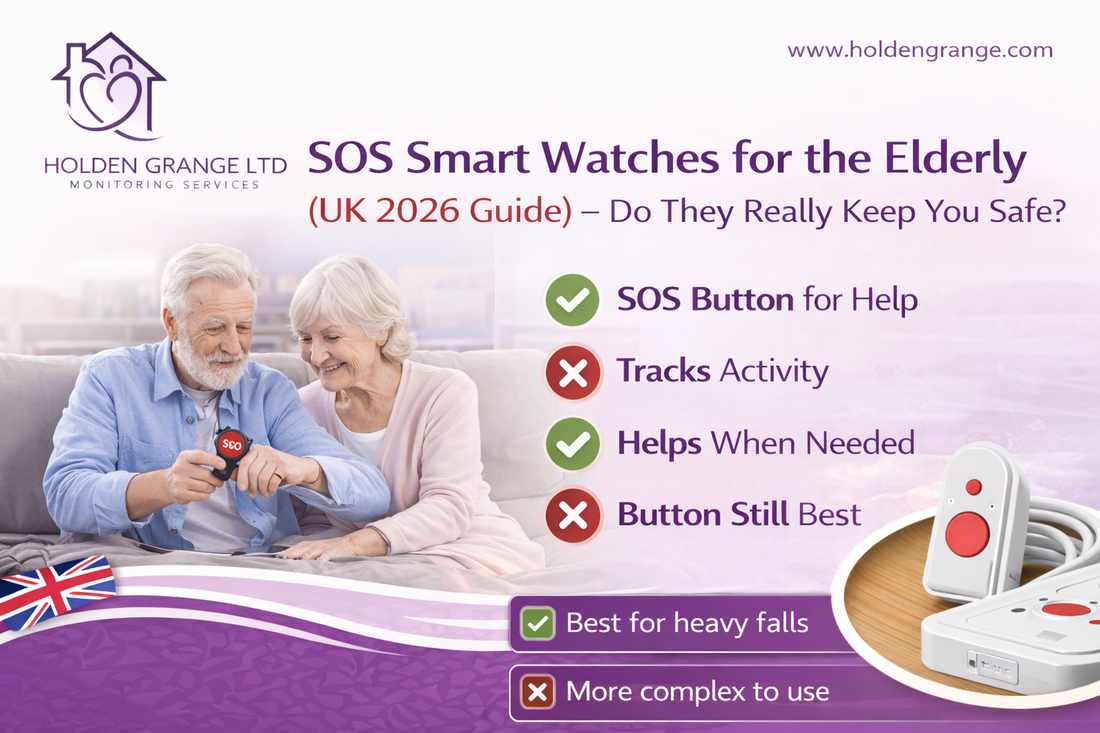 Older couple on a sofa looking together at an SOS smartwatch on the man's wrist