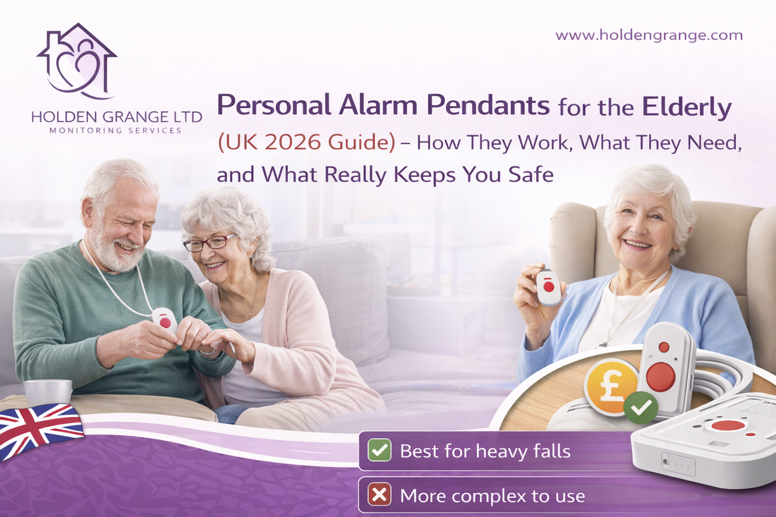 Older couple laughing on a sofa and a woman in an armchair, both holding pendant alarms