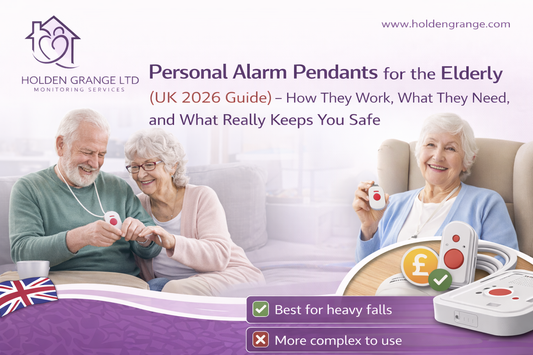 Older couple laughing on a sofa and a woman in an armchair, both holding pendant alarms