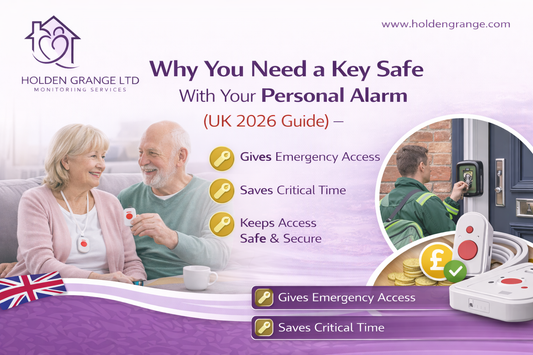 Older couple holding pendant alarms, and a hi-vis worker entering a code on a door key safe