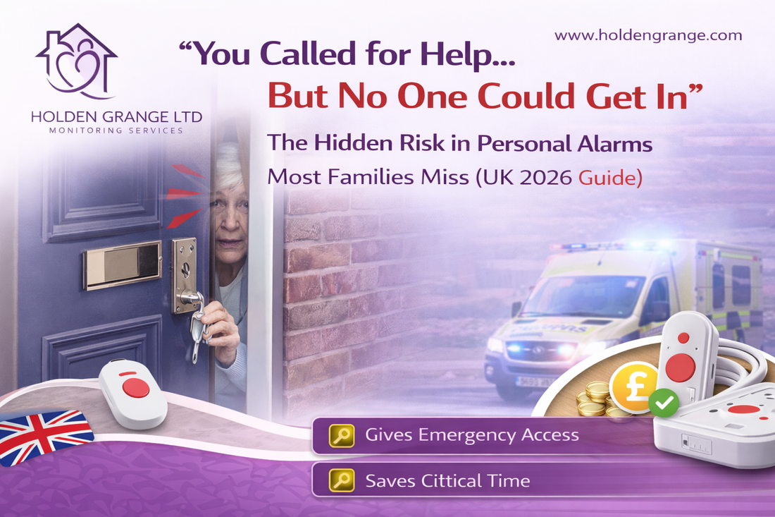 Older woman peering round her front door with keys, beside an ambulance with blue lights at night