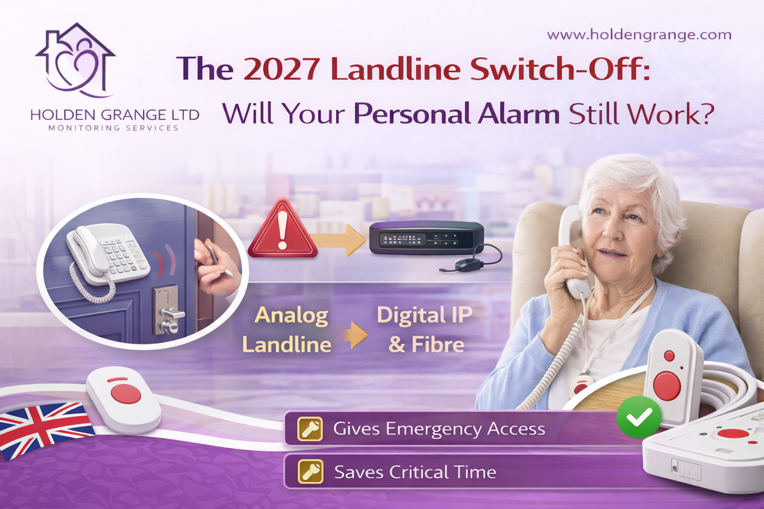 Older woman in an armchair using a corded telephone, with an analogue landline and digital router compared