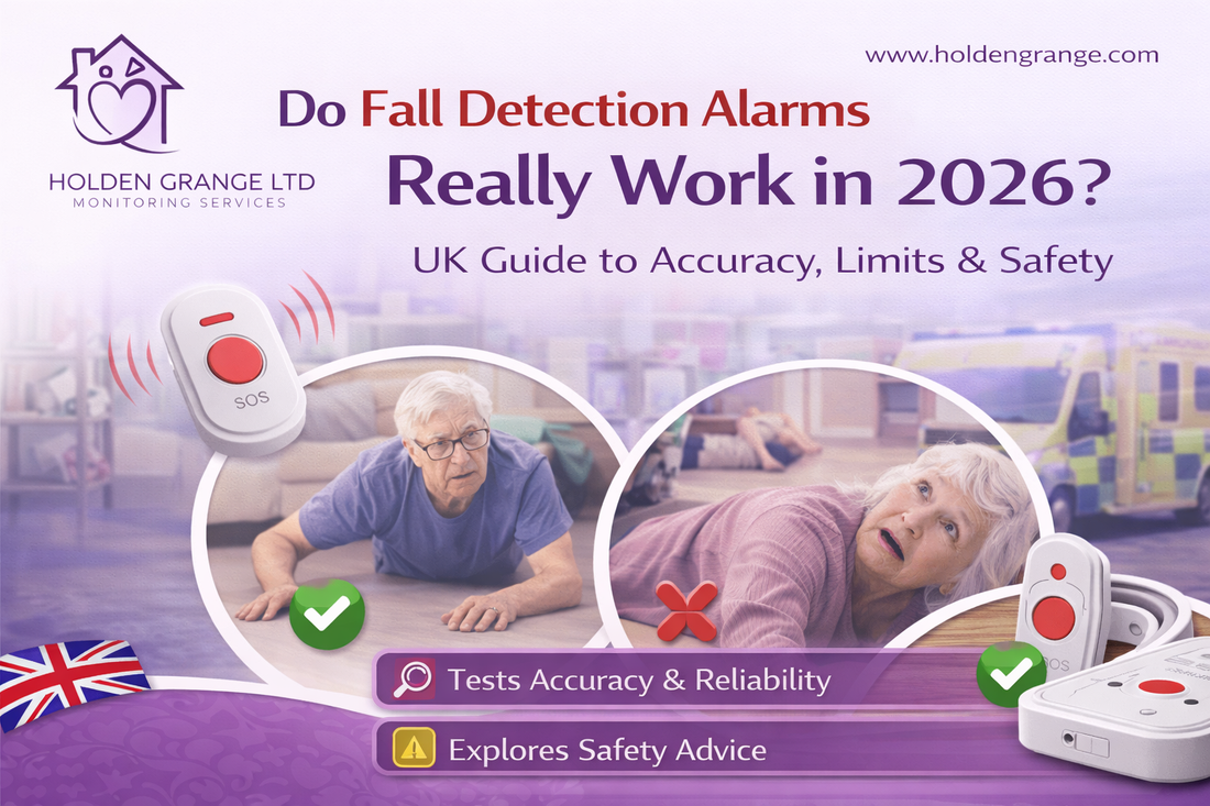 Older man and woman lying fallen on the floor, shown beside an SOS pendant sending an alert signal