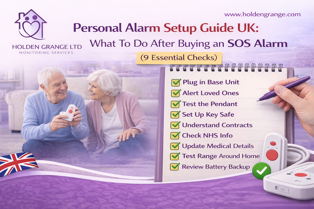 Notepad checklist of nine ticked setup steps beside an older couple holding a pendant alarm
