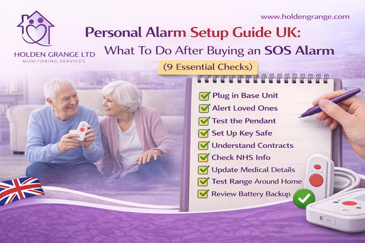 Notepad checklist of nine ticked setup steps beside an older couple holding a pendant alarm