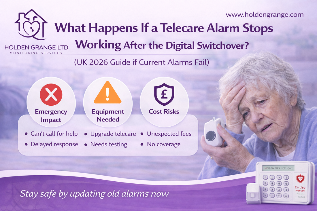 Worried older woman holding her head and a pendant alarm, with an alarm base unit nearby