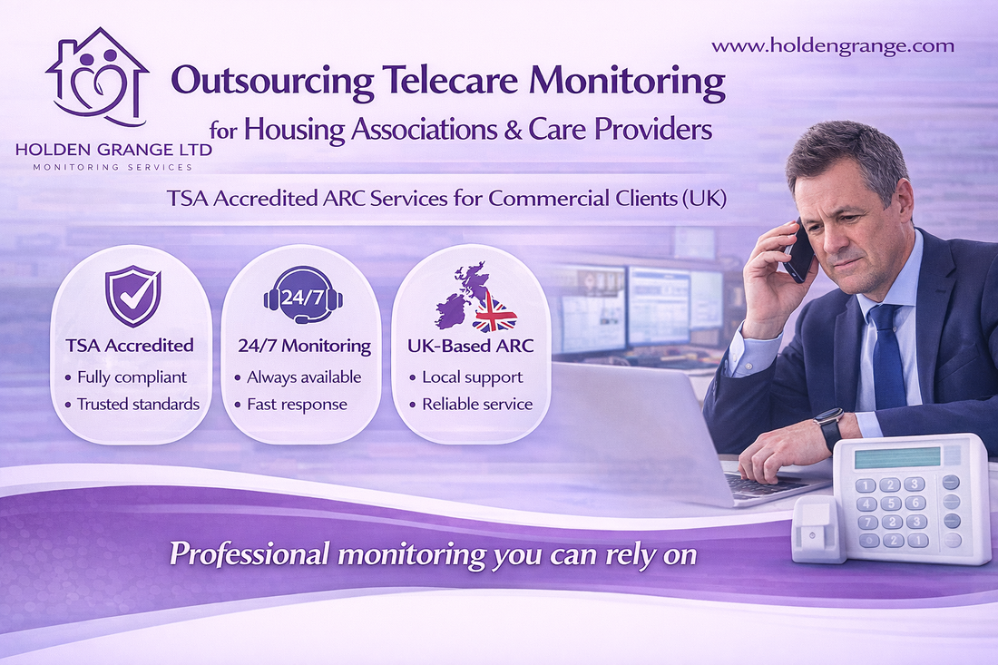 Graphic titled 'Outsourcing Telecare Monitoring for Housing Associations and Care Providers' with suited man on phone at monitoring desk