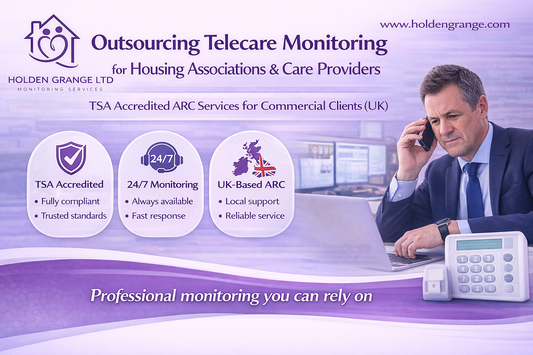 Graphic titled 'Outsourcing Telecare Monitoring for Housing Associations and Care Providers' with suited man on phone at monitoring desk