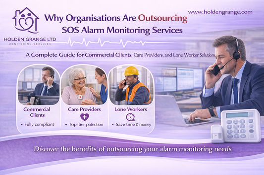 Graphic reading 'Why Organisations Are Outsourcing SOS Alarm Monitoring Services' with headset operator and inset lone worker photos