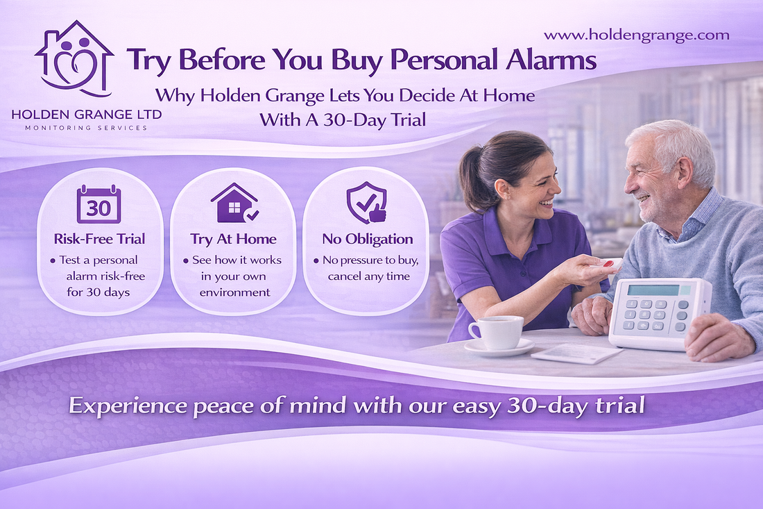 Carer in purple polo shirt handing an older man a pendant alarm beside an alarm base unit