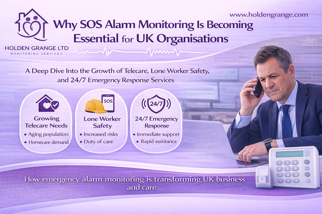 Graphic headed 'Why SOS Alarm Monitoring Is Becoming Essential for UK Organisations' with businessman phoning beside control room screens