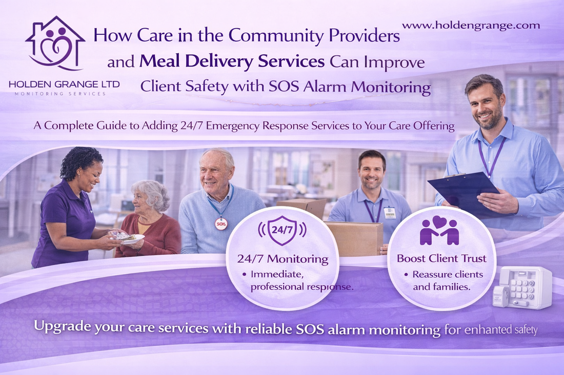Care worker handing a hot meal to an older woman, with delivery staff and SOS pendant wearer alongside