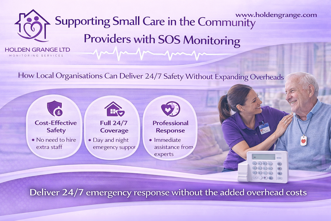 Carer in purple uniform smiling with an elderly man wearing an SOS pendant, alarm base unit nearby