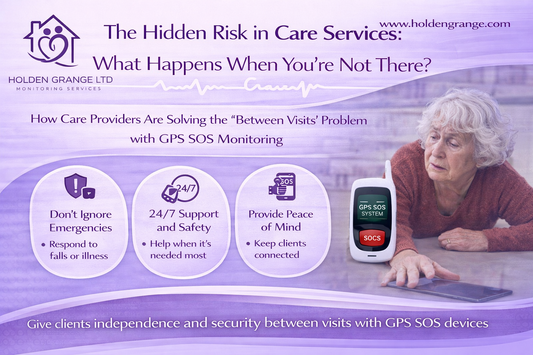 Elderly woman lying fallen on the floor reaching towards a white GPS SOS alarm device