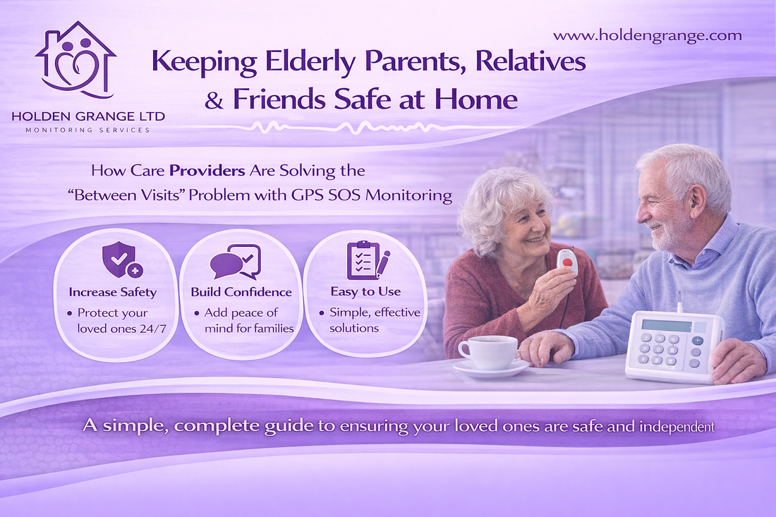 Older couple at a table with tea, the woman holding a pendant alarm beside a telecare base unit