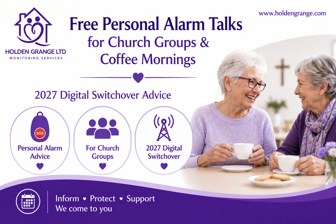 Two older women laughing over cups of tea and biscuits in a church hall with wooden cross