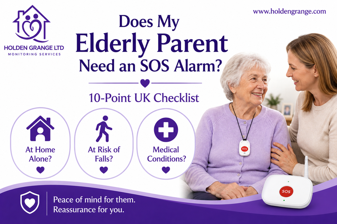 Elderly woman wearing an SOS pendant smiling with her adult daughter, alarm base unit beside them