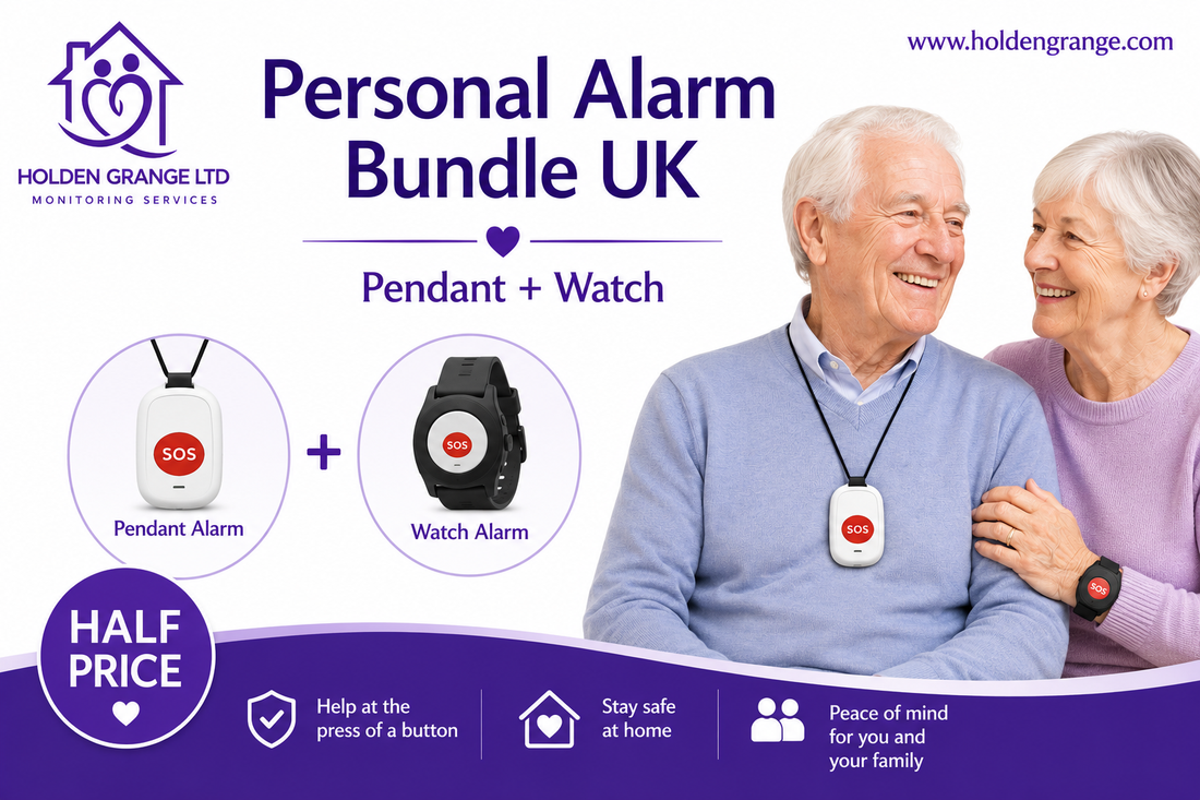 Older couple smiling together, he wears an SOS pendant and she wears an SOS watch, with both products shown