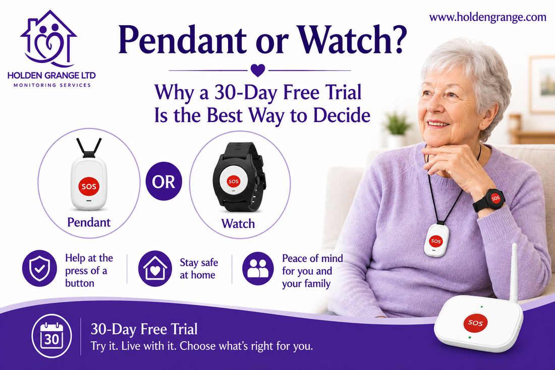 Older woman wearing both an SOS pendant and watch, with pendant and watch product photos labelled 'OR'