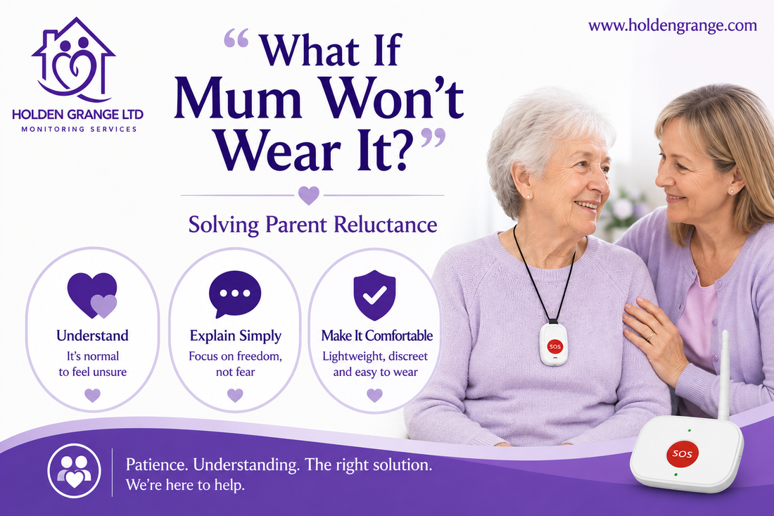 Title card asking 'What If Mum Won't Wear It?' beside a daughter reassuring her mother wearing an SOS pendant