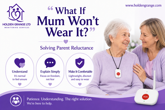 Title card asking 'What If Mum Won't Wear It?' beside a daughter reassuring her mother wearing an SOS pendant