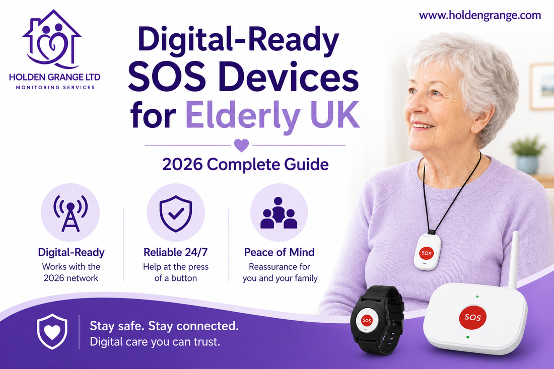Older woman at home wearing an SOS pendant, with a digital SOS watch and base unit displayed