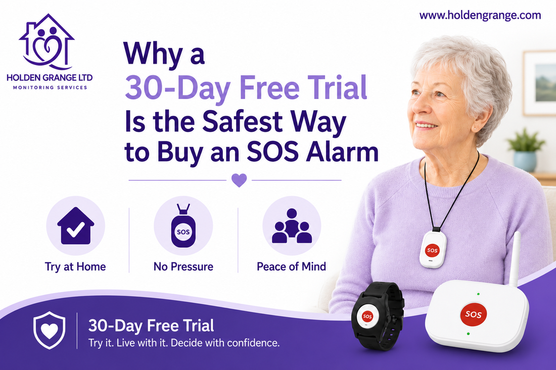 Graphic on a 30-day free trial showing a smiling older woman wearing an SOS pendant at home