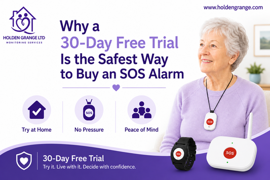 Graphic on a 30-day free trial showing a smiling older woman wearing an SOS pendant at home