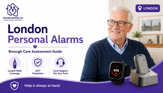 Banner reading London Personal Alarms Borough Care Assessment Guide, older man in glasses with a Big Ben picture behind