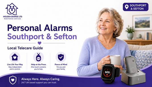 Banner reading Personal Alarms Southport and Sefton Local Telecare Guide, smiling older woman with SOS watch and pendant