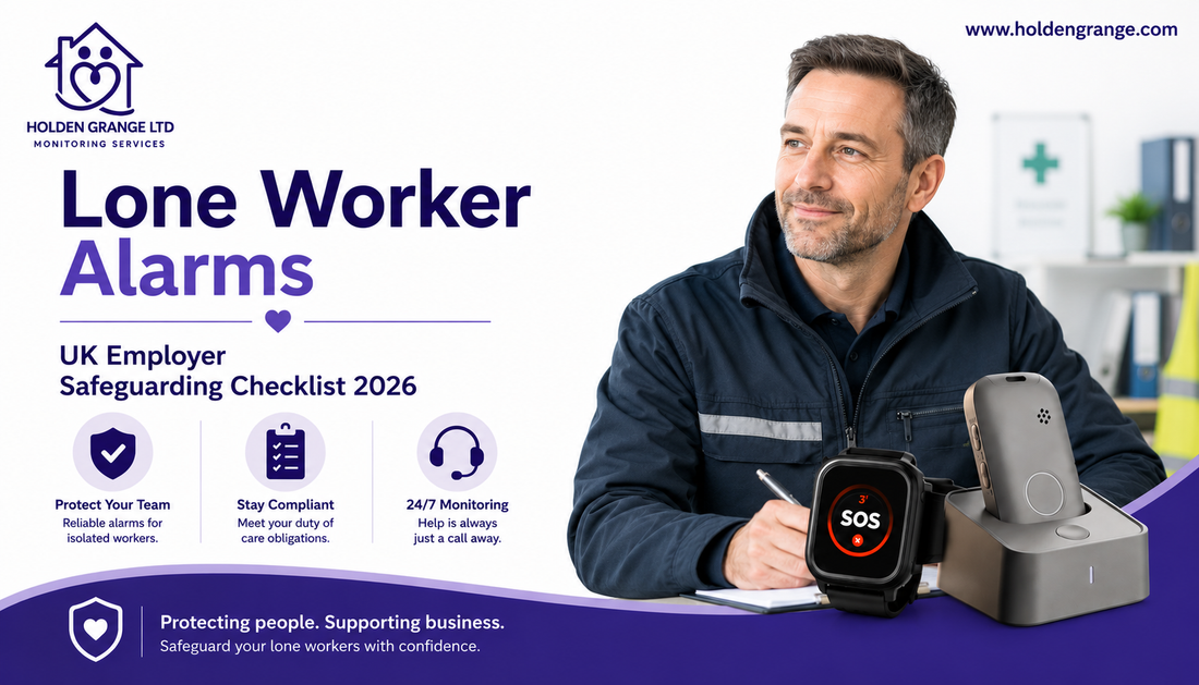 Banner reading Lone Worker Alarms UK Employer Safeguarding Checklist, man in navy work jacket taking notes beside SOS watch