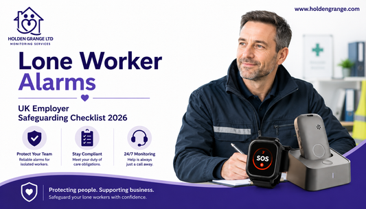 Banner reading Lone Worker Alarms UK Employer Safeguarding Checklist, man in navy work jacket taking notes beside SOS watch