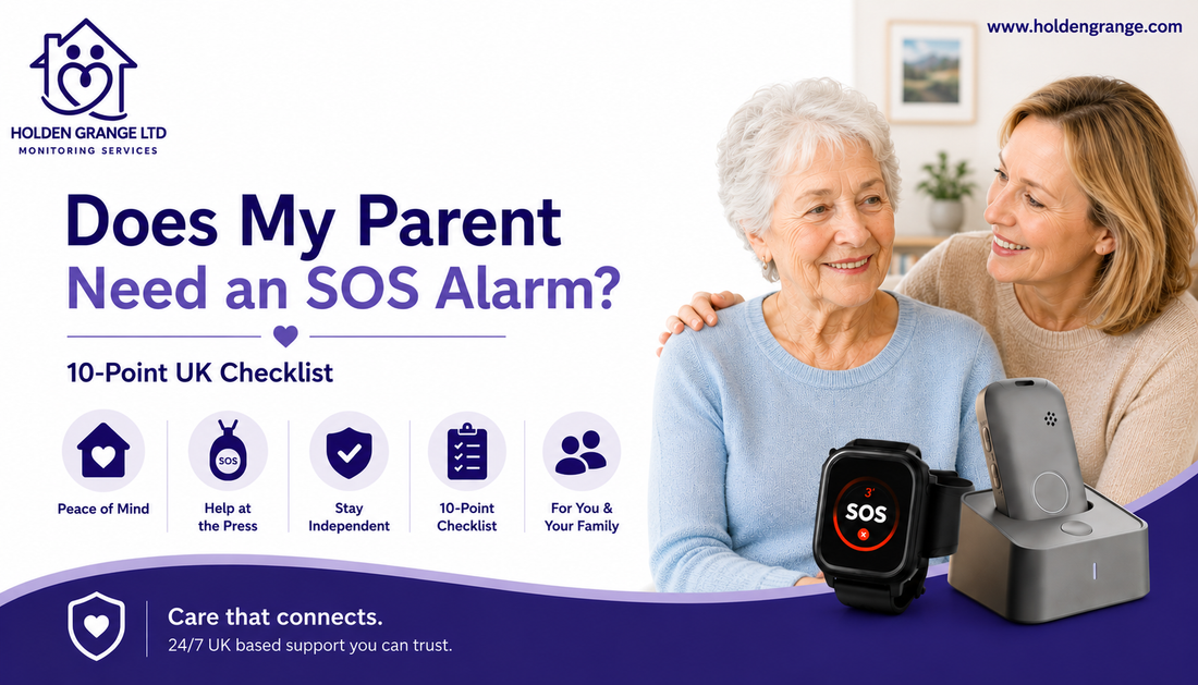 Banner reading Does My Parent Need an SOS Alarm, daughter hugging her elderly mother beside an SOS watch