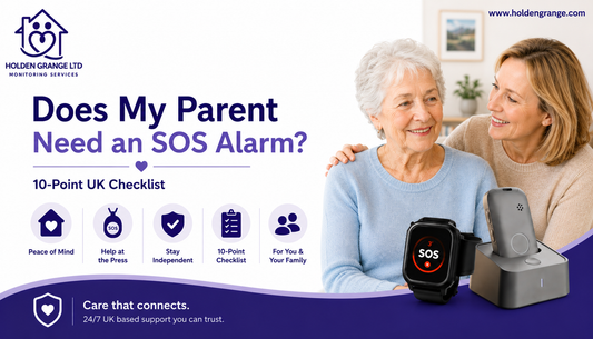 Banner reading Does My Parent Need an SOS Alarm, daughter hugging her elderly mother beside an SOS watch