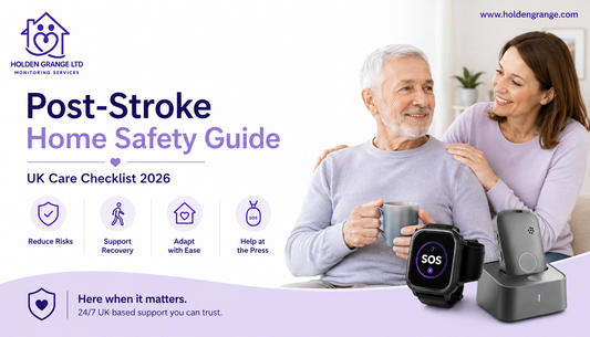 Banner reading Post-Stroke Home Safety Guide, older man with a mug and his daughter resting hands on his shoulders
