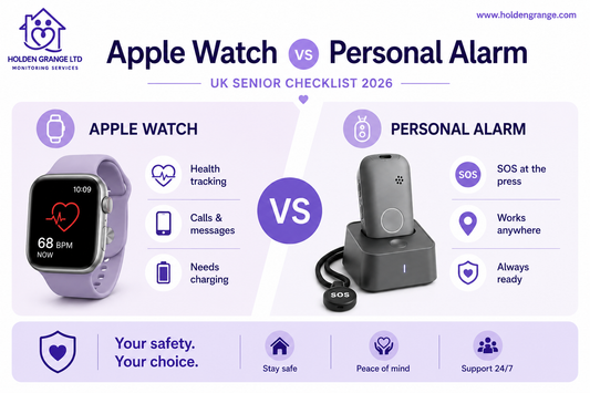 Comparison graphic titled Apple Watch versus Personal Alarm showing a lilac smartwatch and a pendant alarm in its dock