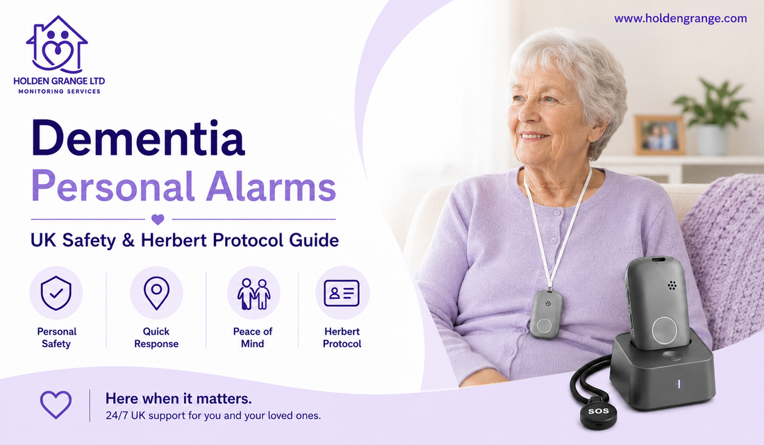Banner reading Dementia Personal Alarms UK Safety and Herbert Protocol Guide, elderly woman on a sofa wearing a pendant alarm