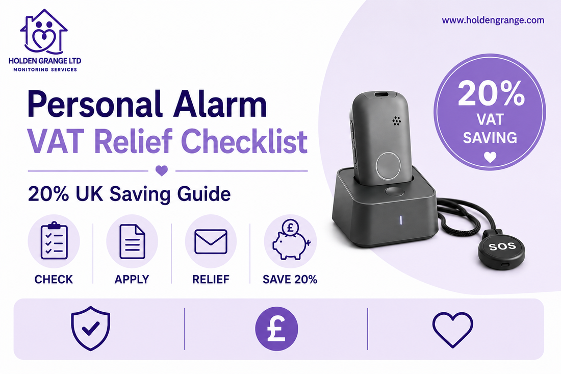 Banner reading Personal Alarm VAT Relief Checklist with a 20% VAT Saving badge, pendant alarm and piggy bank icon