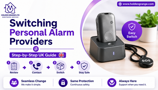 Banner reading Switching Personal Alarm Providers Step-by-Step UK Guide beside a pendant alarm charging on a wooden table